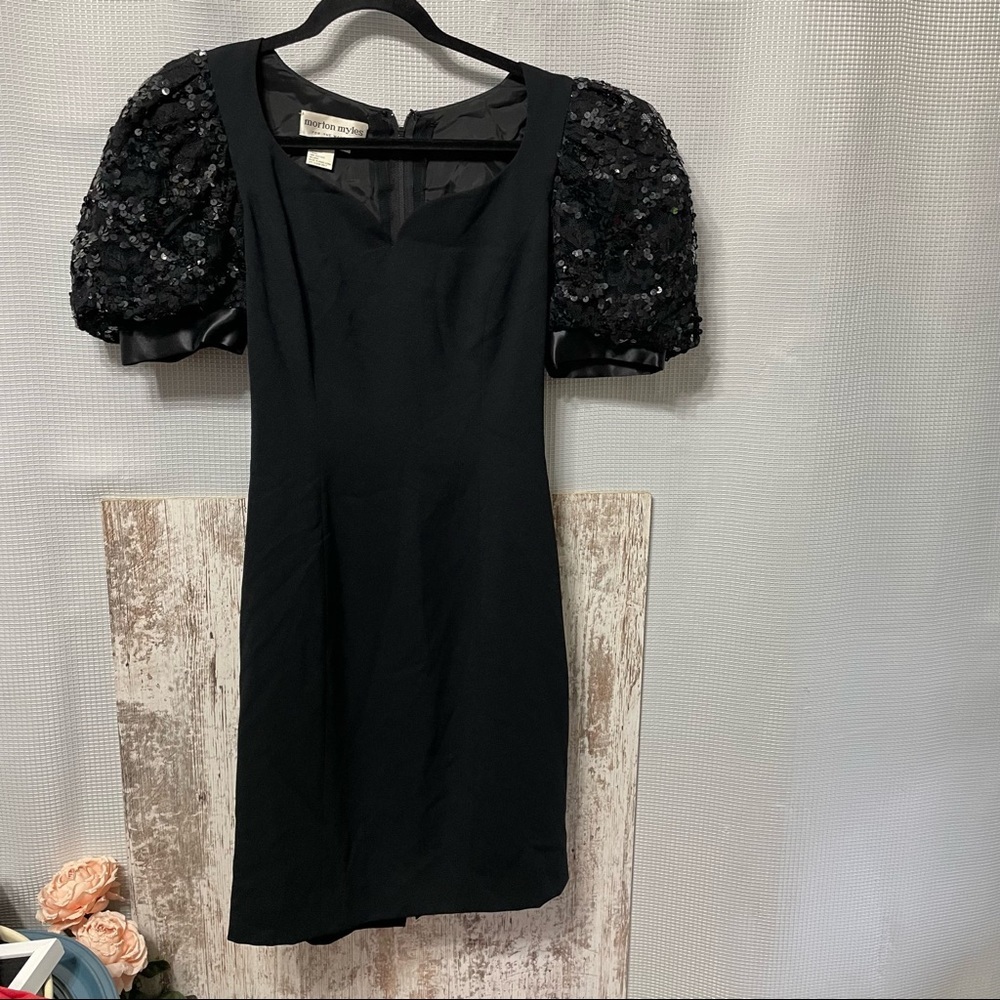 Vintage Morton Myles for the Warrens Black Dress Sequin puff Sleeve Size 4